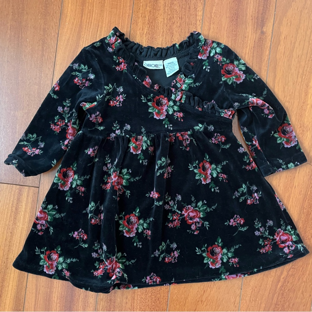 ❤️ Cherokee Velvet Infant Floral Long-sleeve Dress; Size 18M